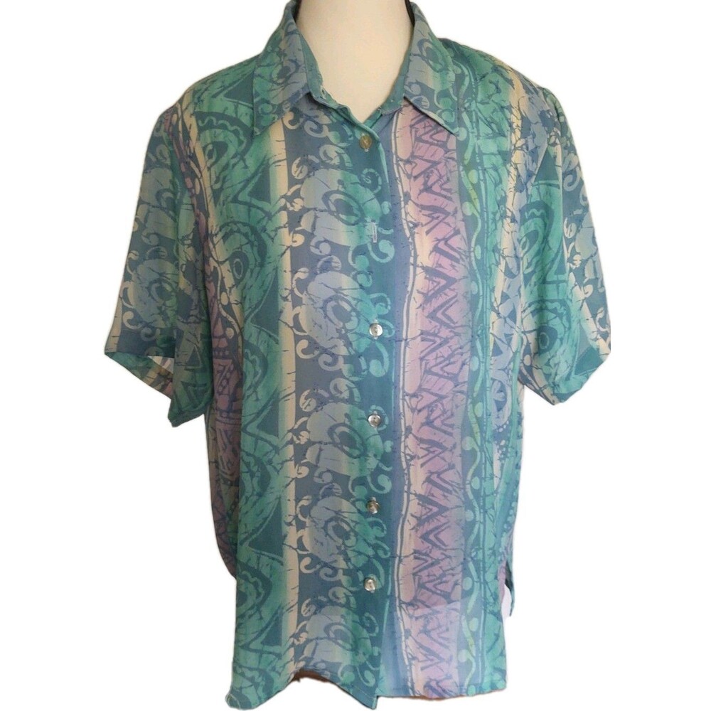 Yves Saint Clair Vintage Aqua Blue Green Short Sleeve Blouse Size 12 Button Down
